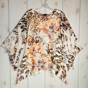 Cal Style Womens Animal Floral Rhinestone Tunic Top Blouse XL Flare Sleeve Fairy